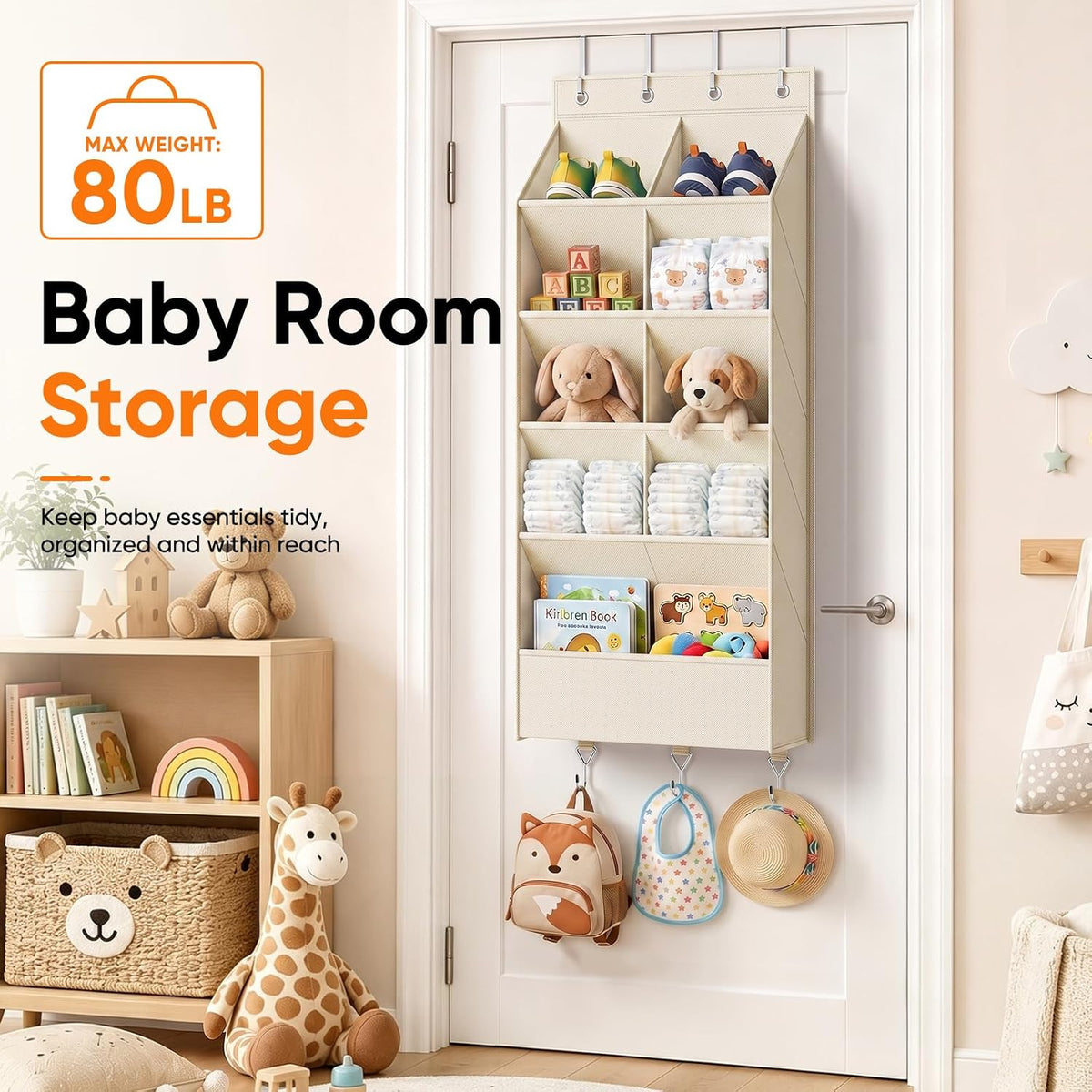 5 Tier Over the Door Shoe Organizer, Beige | 3 Bottom Hooks
