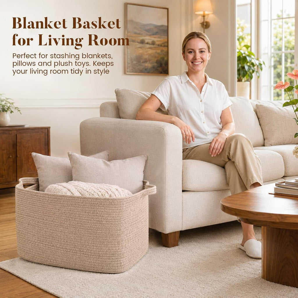 65L Large Woven Blanket Basket for Living Room, 19.7"x15.7"x11.8" | Nursery Laundry Hamper with Handle for Organizing Blankets, Pillows, Toy Storage With Handle, Large Baskets for Organizing