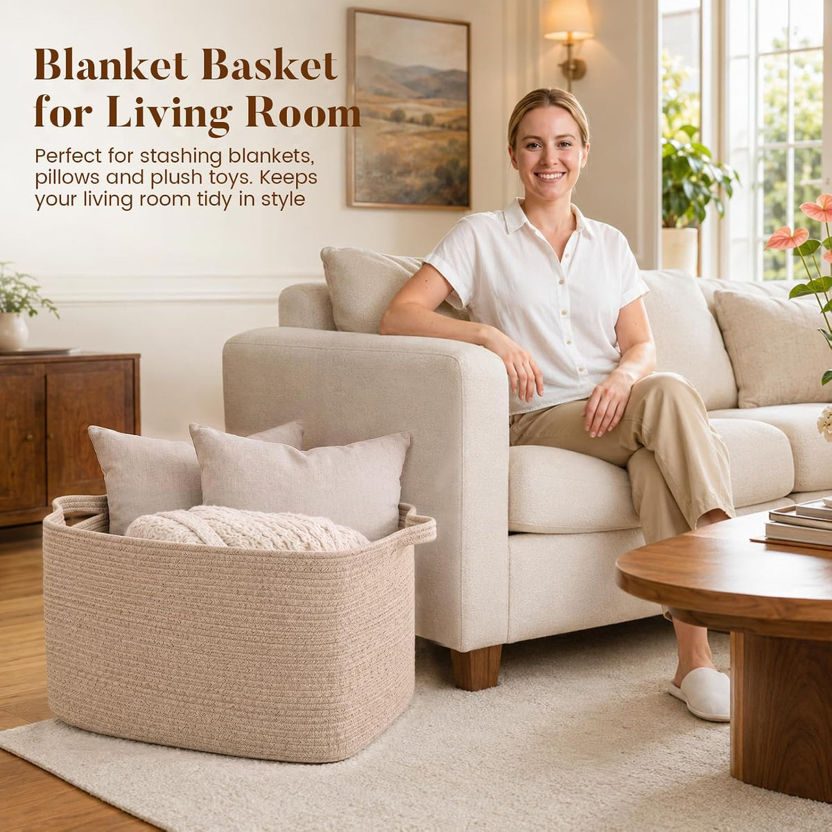 65L Large Woven Blanket Basket for Living Room, 19.7"x15.7"x11.8" | Nursery Laundry Hamper with Handle for Organizing Blankets, Pillows, Toy Storage With Handle, Large Baskets for Organizing