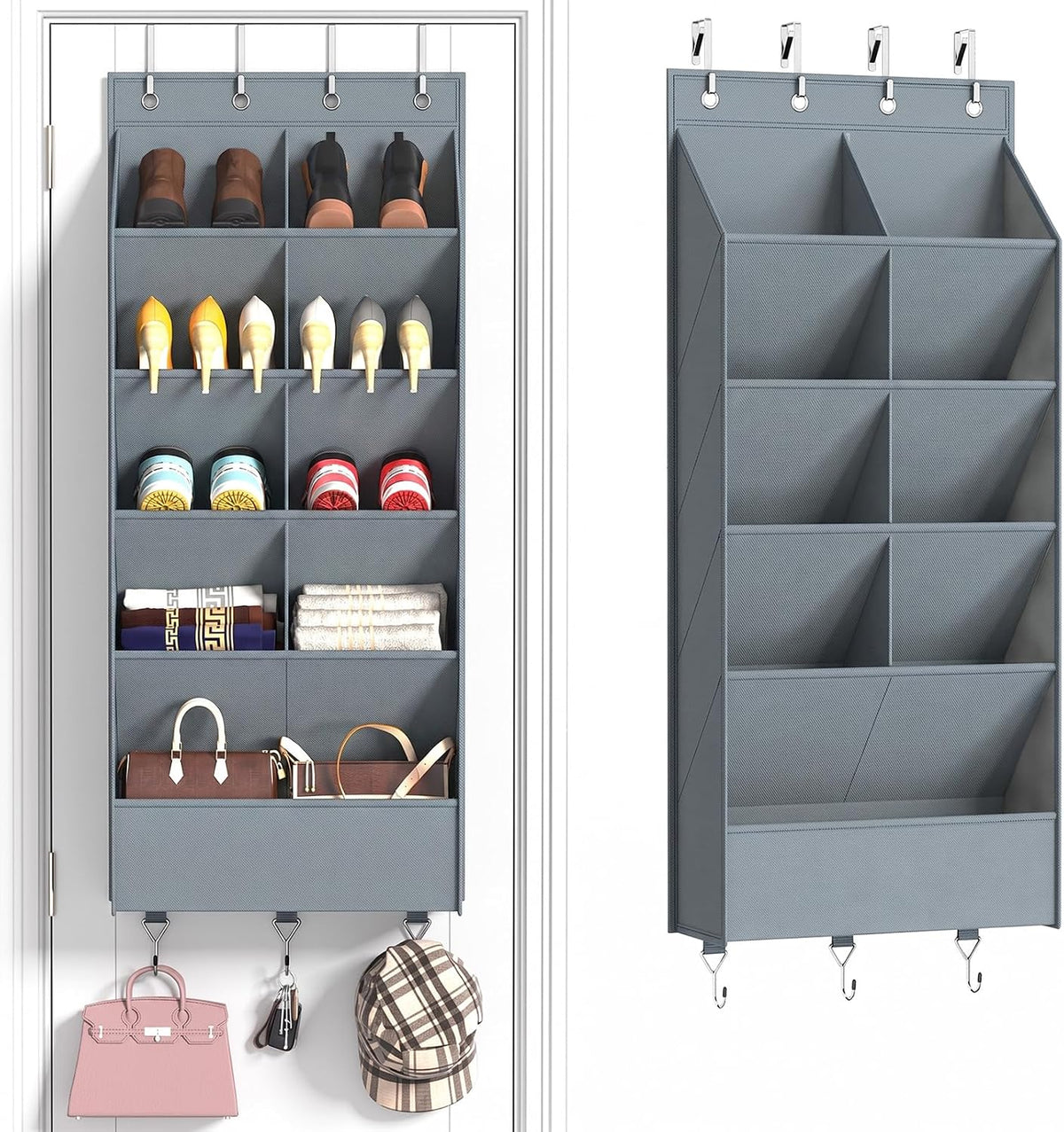 5 Tier Over the Door Shoe Organizer with 3 Bottom Hooks, Grey | Heavy Duty Oxford Fabric Hanging Shoe Rack for Closet Door Hanging Organizer with 9 Pockets Sneaker Boot Slipper Storage