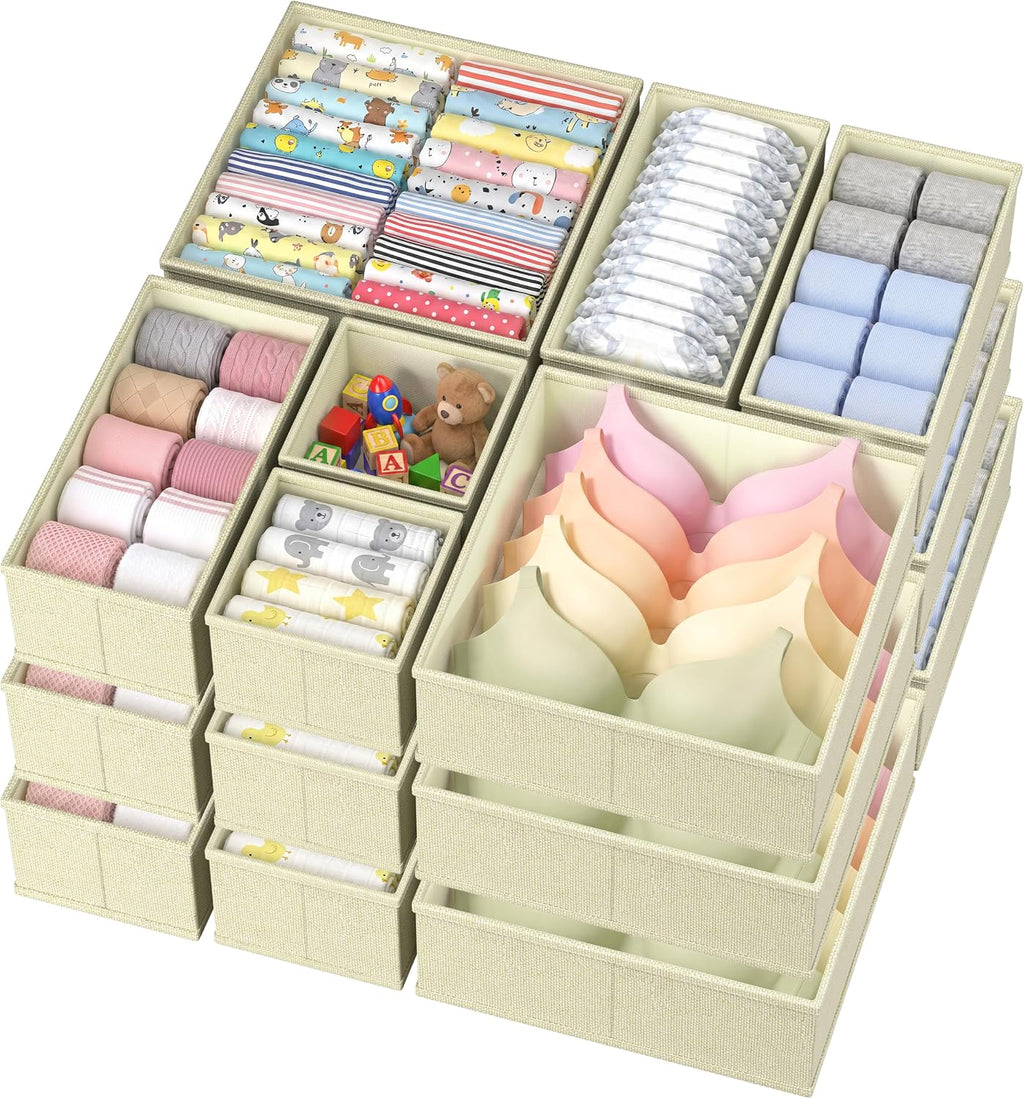 Drawer Organizer Bins Clothes for Underwear,Socks,Ties,20 Pack,Beige Foldable Closet Organizers and Storage,Fabric Drawers Dividers,Washable 3 Sizes for Dresser,Bedroom,Desk,Nursery