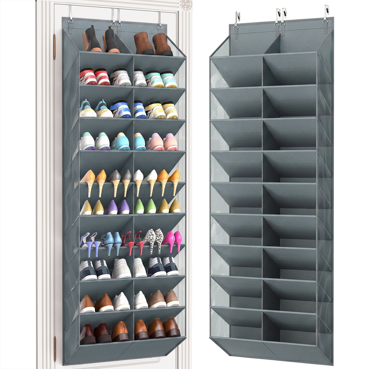Over the Door Shoe Organizer, 20-30 Pairs Shoe Storage, 10-Tier, Grey