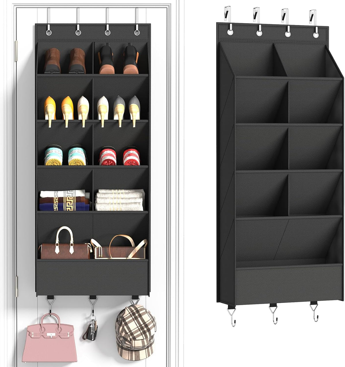 5 Tier Over the Door Shoe Organizer with 3 Bottom Hooks, Black | Heavy Duty Oxford Fabric Hanging Shoe Rack for Closet Door Hanging Organizer with 9 Pockets Sneaker Boot Slipper Storage